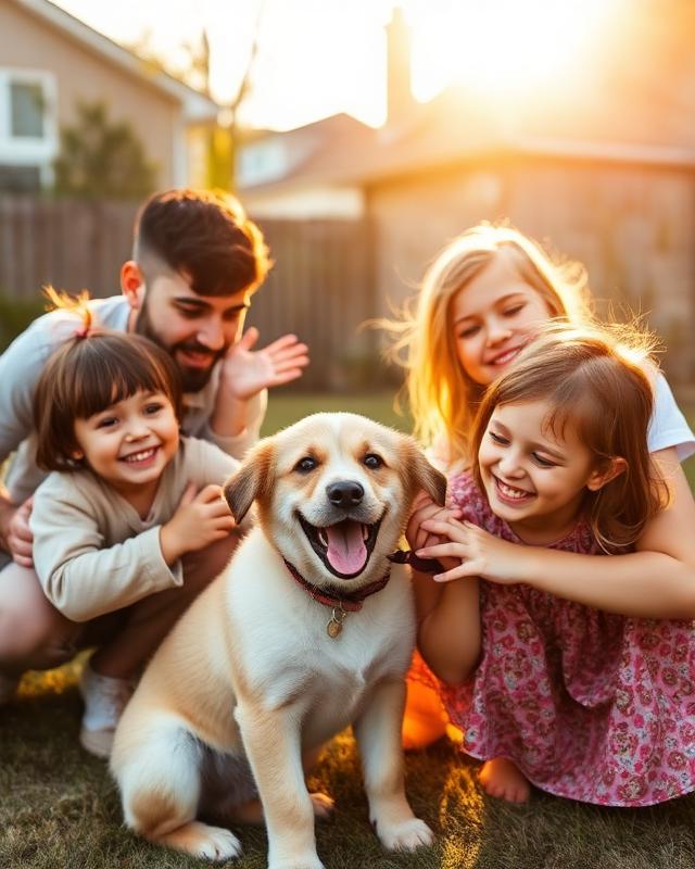 Happy family with rescue dog